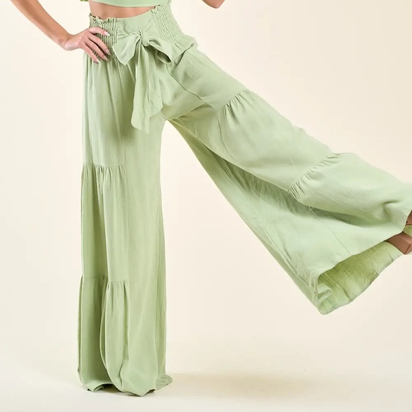 NEW!! Kiwi Boho Wide Leg Linen Palazzo Pants With Waist Sash - Picture 4 of 5